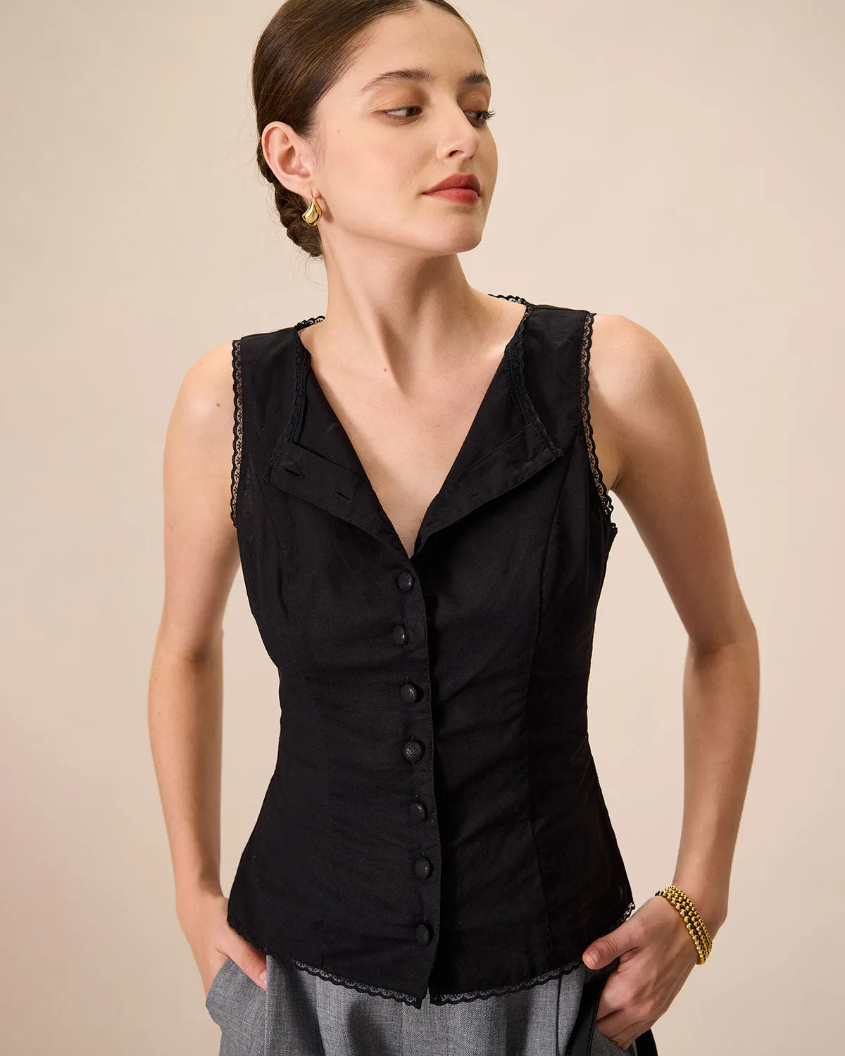 Women's Black Boat Neck Cotton Linen Vest