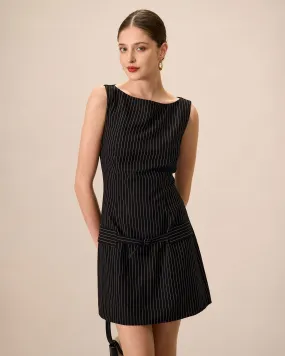 Women's Black Boat Neck Striped Mini Dress