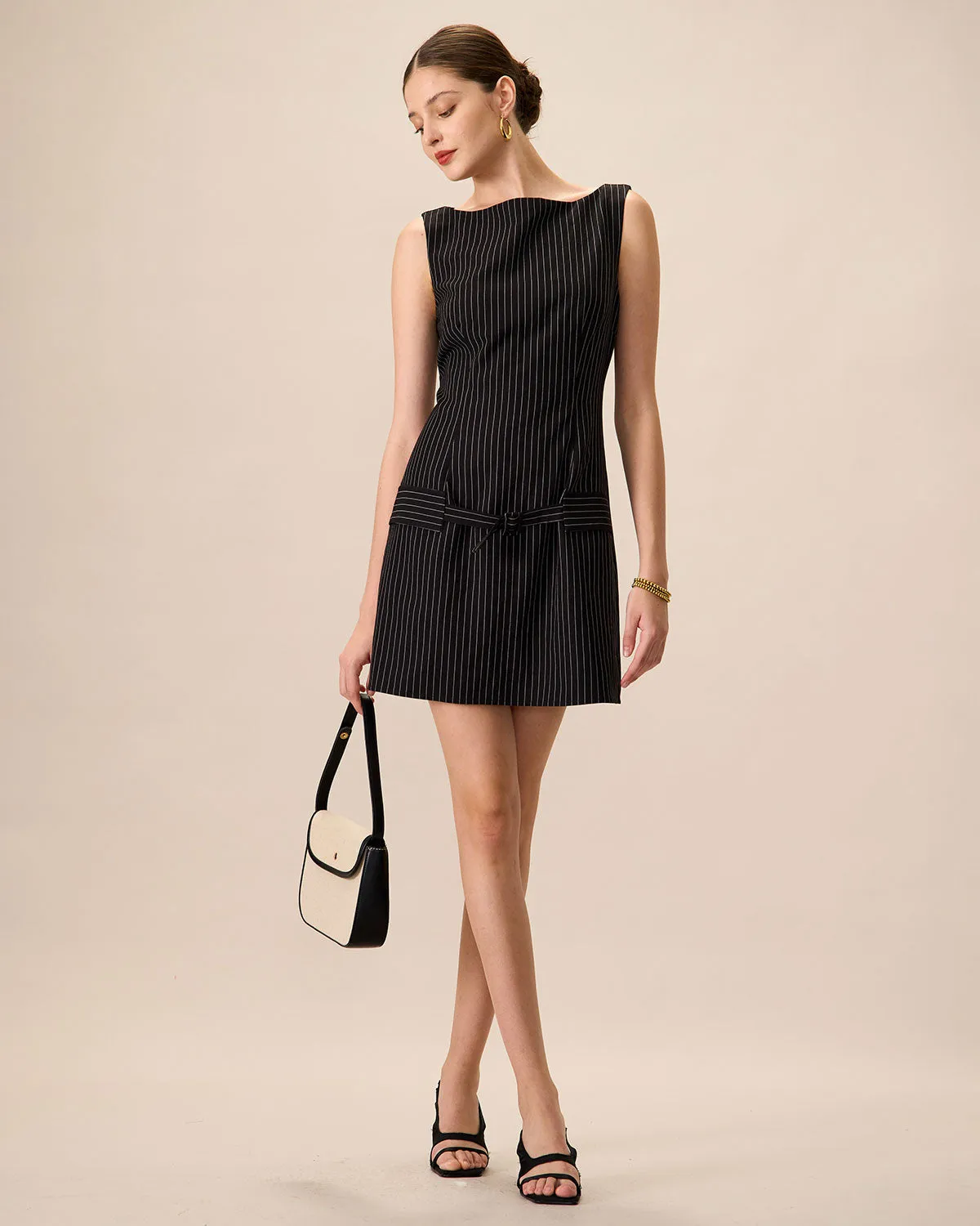 Women's Black Boat Neck Striped Mini Dress